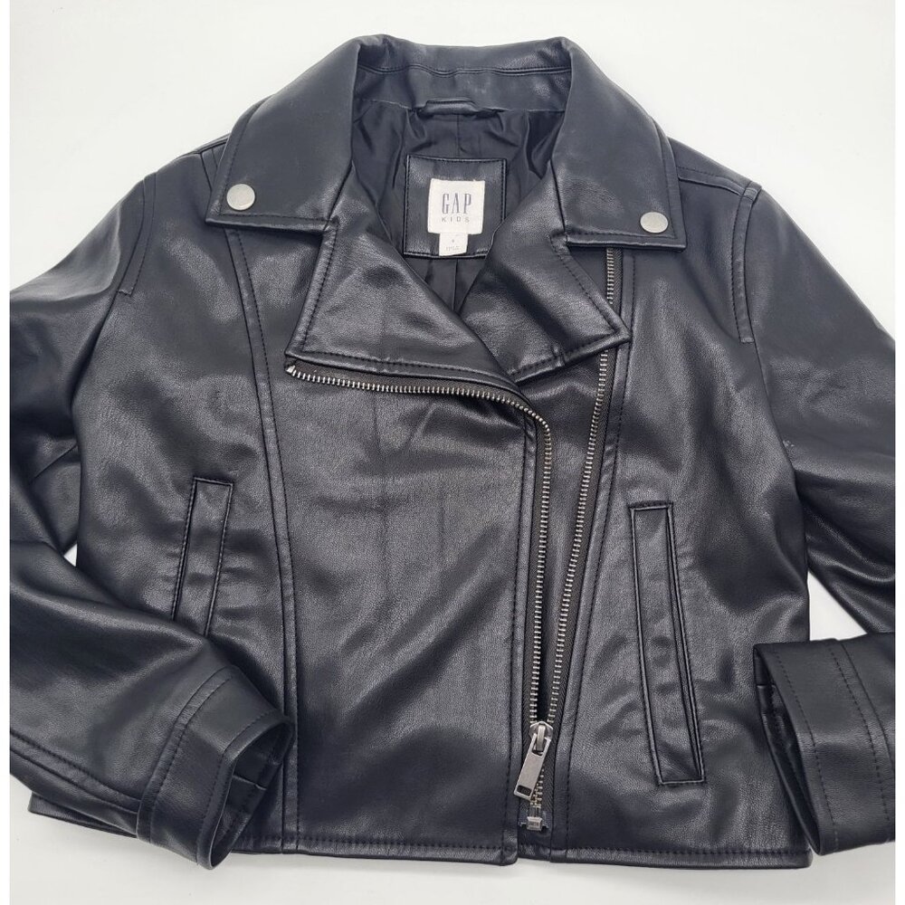 Gap Kids SZ S (6/7) Faux Leather Moto Jacket Biker Black Classic Rock - Picture 1 of 10